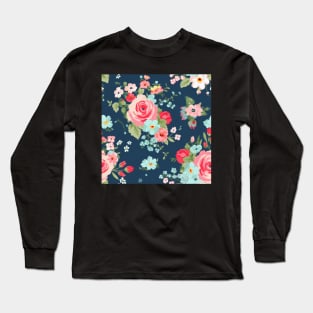 Pink Girly Floral Flowers, Pretty Feminine Pattern on Blue Background Long Sleeve T-Shirt